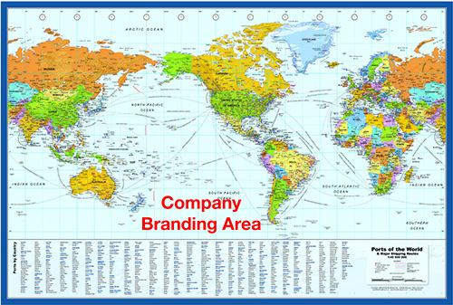 World Map (Americas Centered) with Sea Ports & Shipping Routes