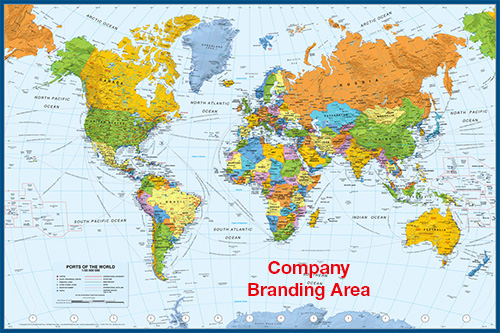 World Map (Atlantic Centered) with Sea Ports & Shipping Routes