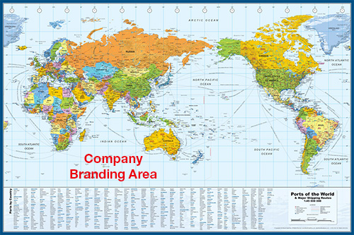 World Map (Pacific Centered) with Sea Ports & Shipping Routes